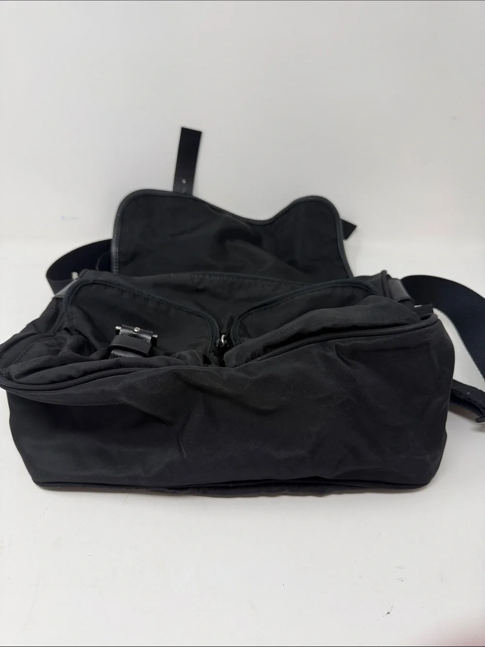 Prada Black Nylon Tessuto Messenger Crossbody Bag Leather Buckle Flap